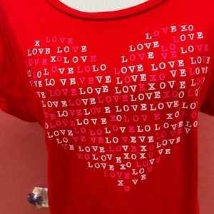 Old Navy red t shirt with Love on from heart shape. Size L